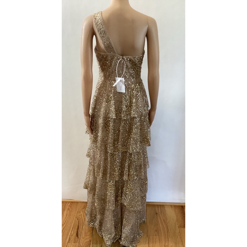 MARCHESA NOTTE GOLD GLITTER & BEADED TIERED GOWN - Picture 3 of 7